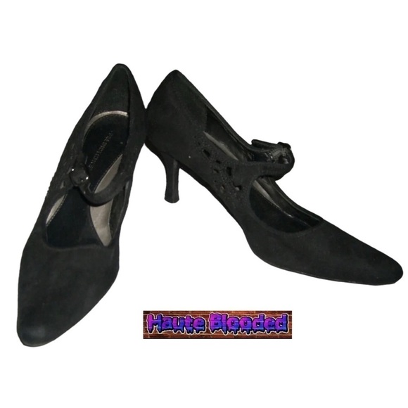 Predictions Black Mary Janes Heels Pointed Toe Witchy Gothic Halloween Cut Out 7 - Picture 2 of 11